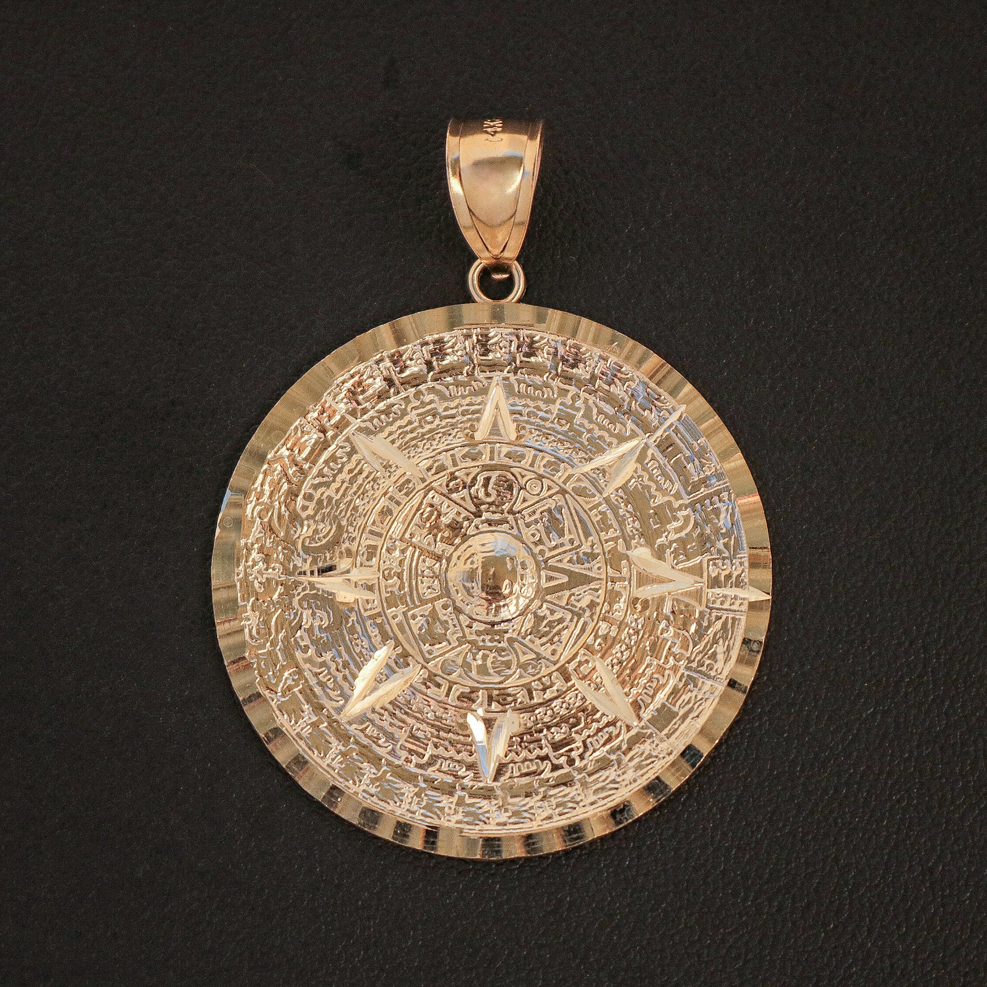 Real 14K Yellow Gold Aztec Calendar Charm Solid Pendant For Chain 14KT – G  Bar